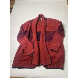 Cabi Joy Open Front Cardigan Sweater Red Navy Sz M Granola Cabin Ski Lodge